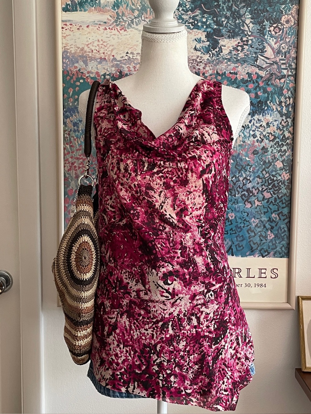 Nine West Cowl Neck Top Womens Medium Pink Abstract Print Boho Fairycore 90s
